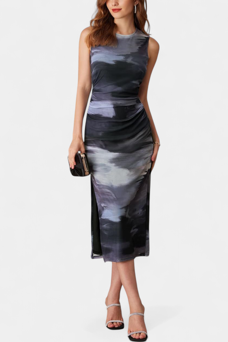 Helaia Robe Longue Imprimé Artistique à Fente Élégante