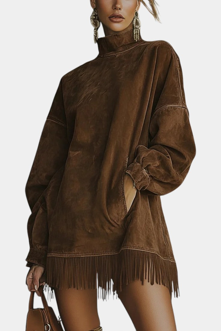 Élanaïs Robe Pull Oversize en Suédine avec Ourlet Frangé