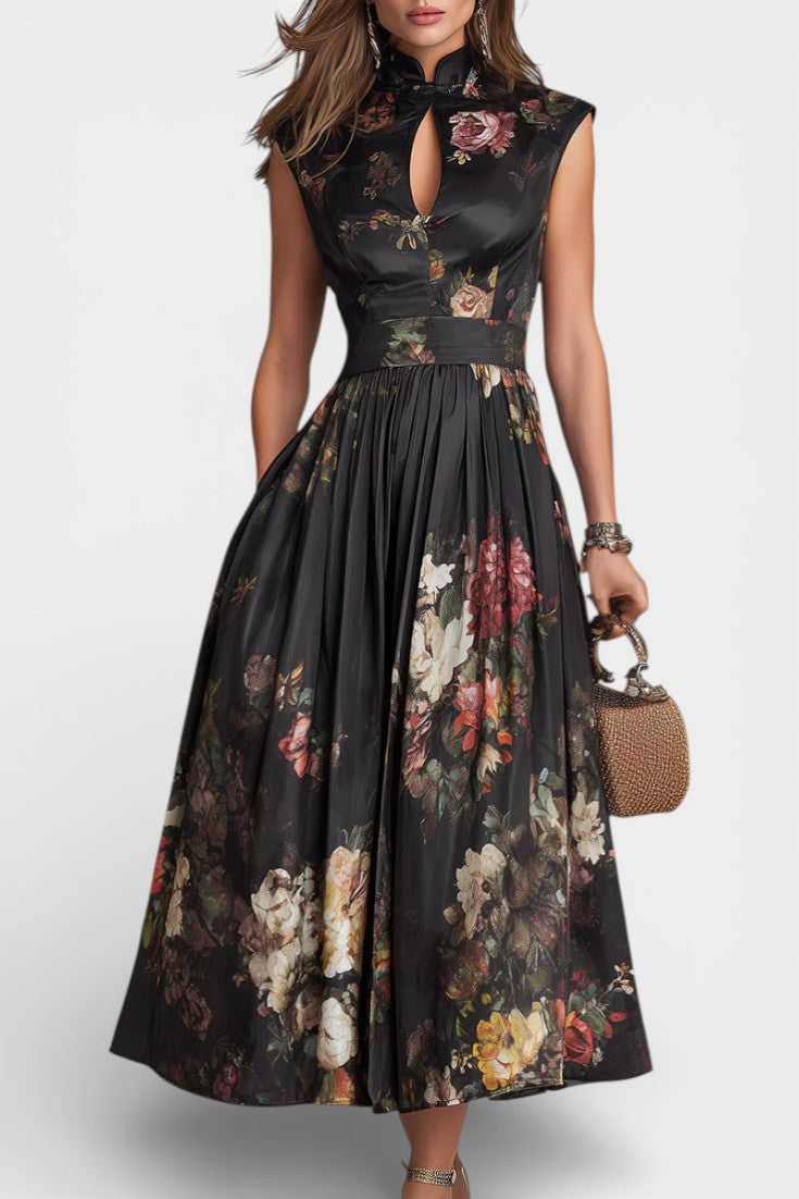 Lucien Robe Midi Col Mandarin Découpe Imprimé Floral & Jupe Plissée