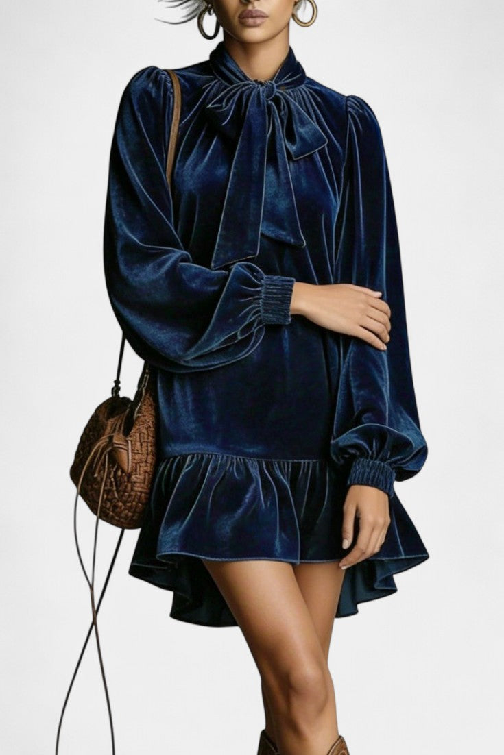 Albertine Robe Mini en Velours Ample avec Col Nœud Papillon