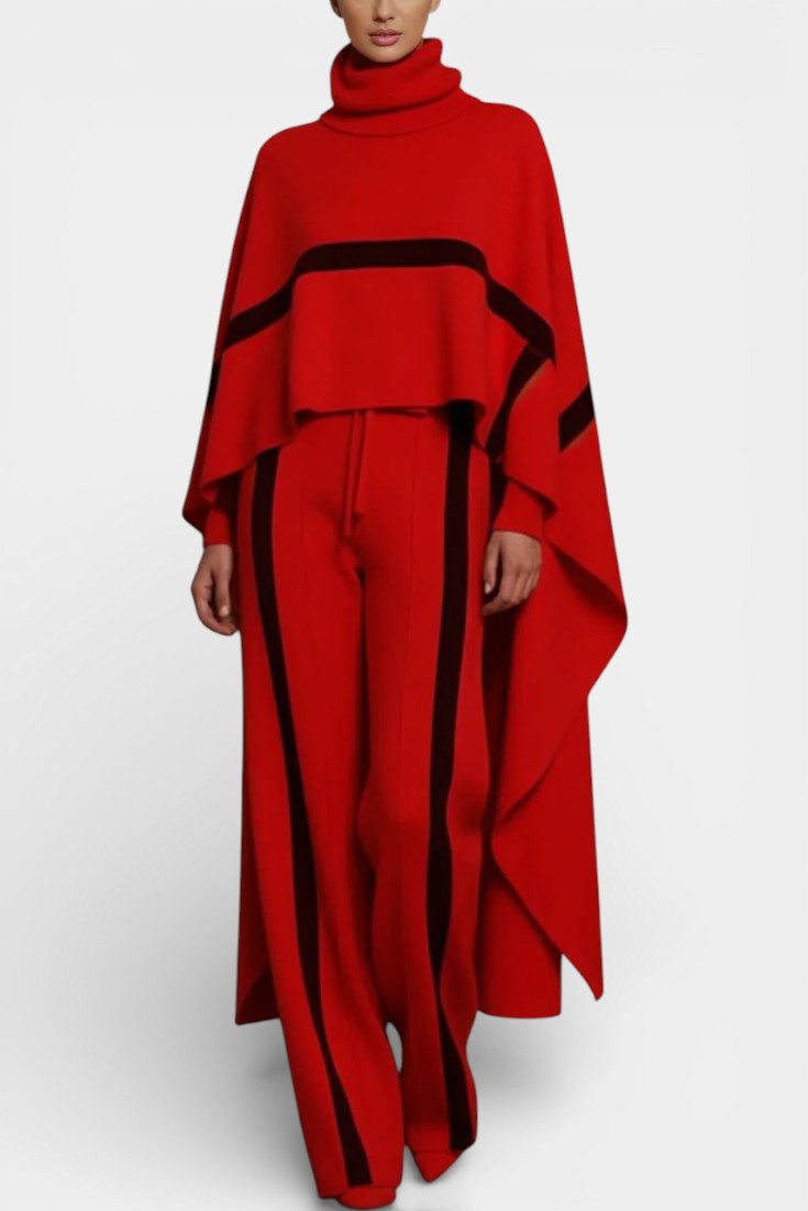Hélys Ensemble Deux-Pièces Cape Poncho et Pantalon Large Rayé