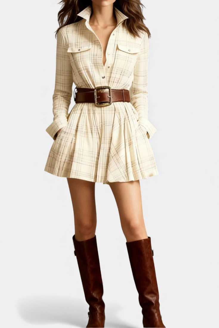 Bogdana Robe Mini Vintage à Carreaux avec Ceinture