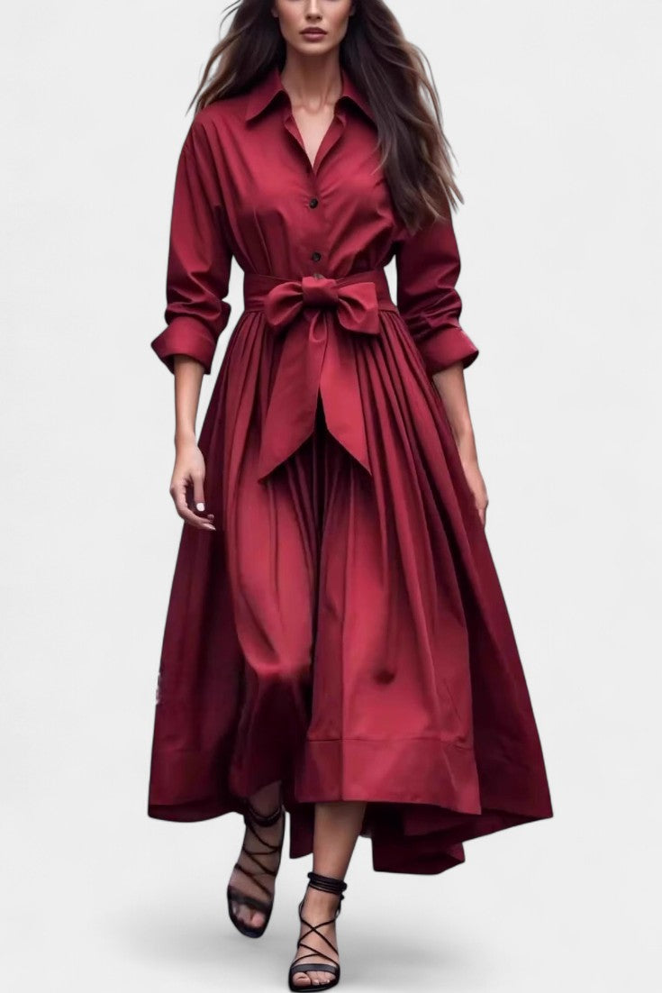 Lioren Robe Chemise en Sergé de Coton avec Nœud à la Taille