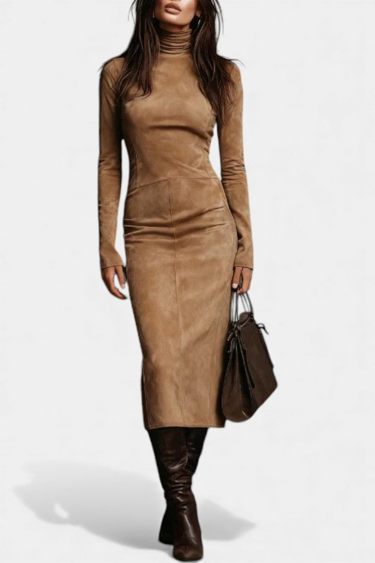 Océane Robe Midi en Suède à Col Montant et Manches Longues