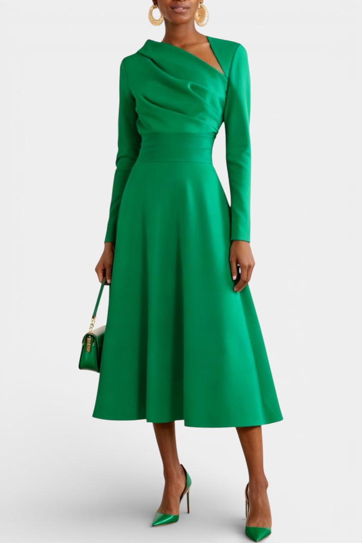 Wanda Robe Midi Asymétrique à Manches Longues et Coupe Trapèze