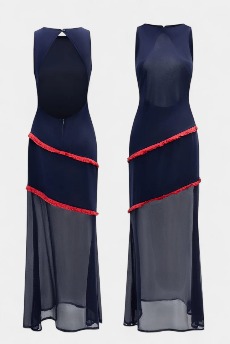 Orfila Robe Bodycon sans Manches avec Tulle Léger et Franges Contrastées