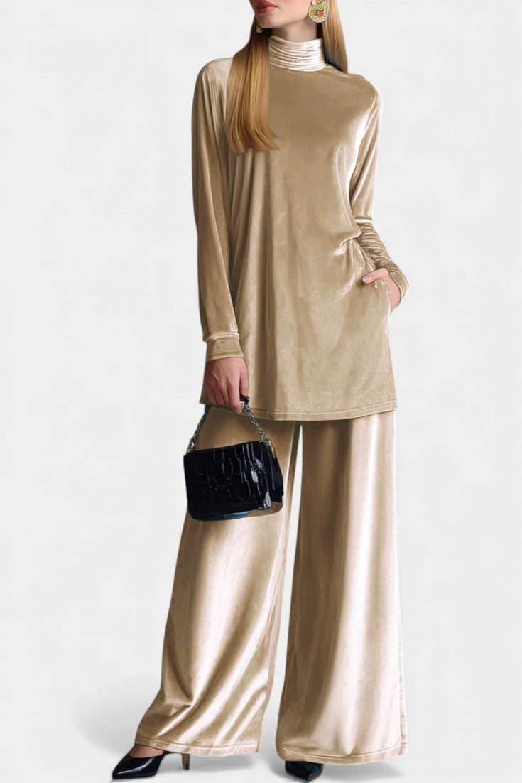 Tifenn Ensemble Haut et Pantalon Fendu en Velours à Col Montant