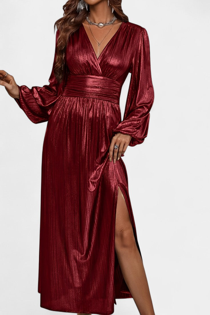 Faelyn Robe Plissée Brillante à Décolleté en V et Silhouette Fluide