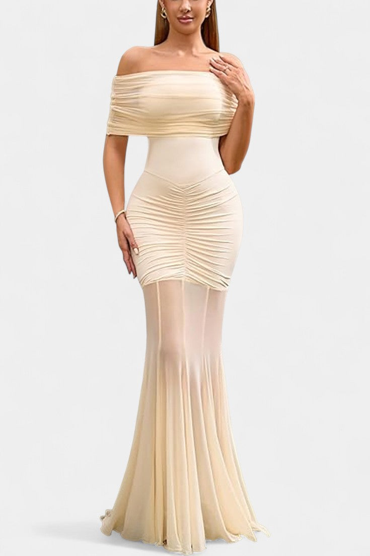 Mariste Robe Off-Shoulder Fendue en Tissu Soyeux Élastique