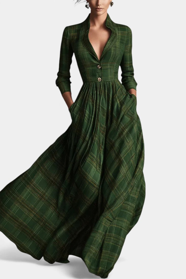 Philae Robe Longue Évasée à Motif Tartan Raffiné