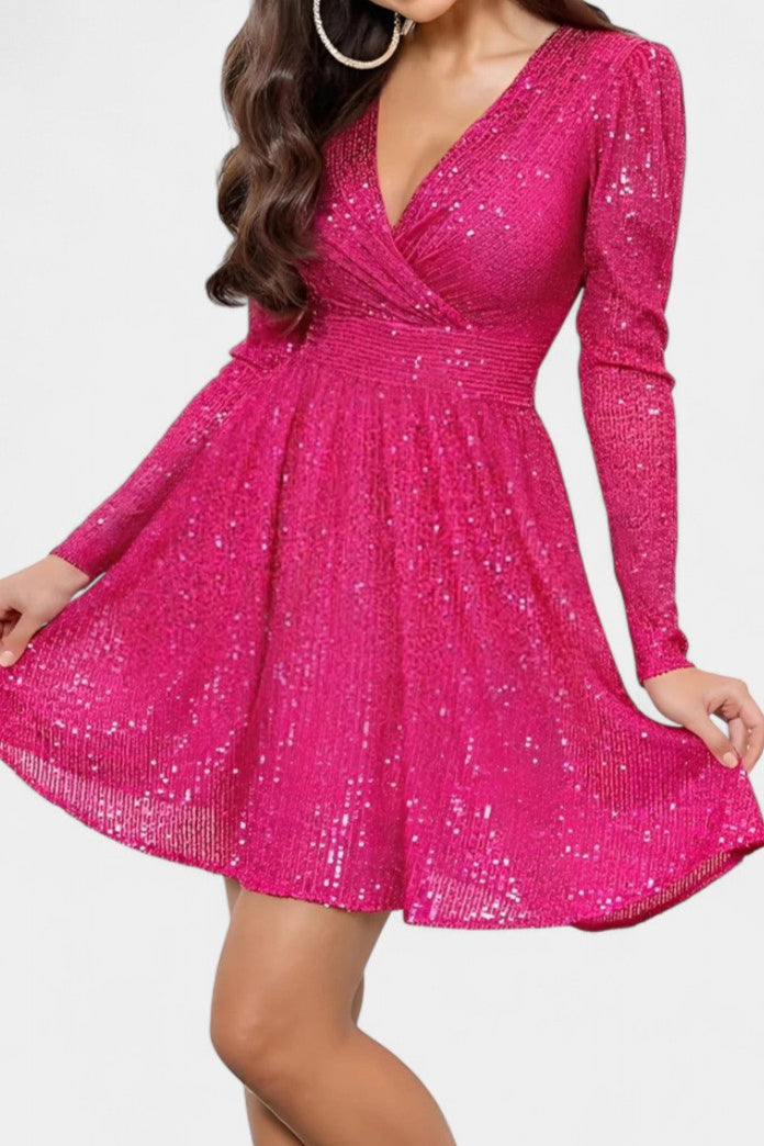 Thaïs Robe Longue à Paillettes avec Col V et Manches Longues