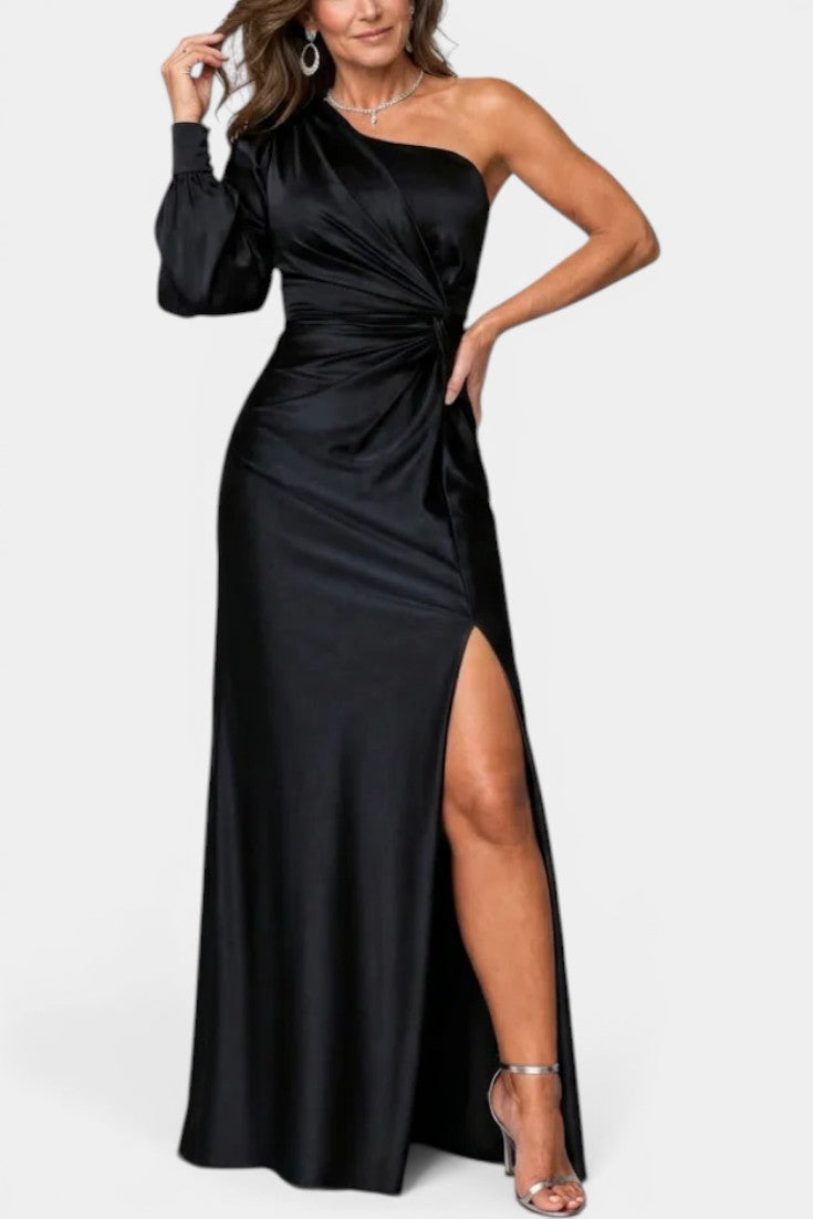 Charlotte - Robe Longue Une Épaule Drapée Manche Unique Fendue Taille Torsadée Fente Latérale