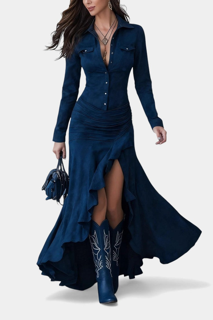 Tilda Robe Longue Marron Rétro à Volants Irréguliers