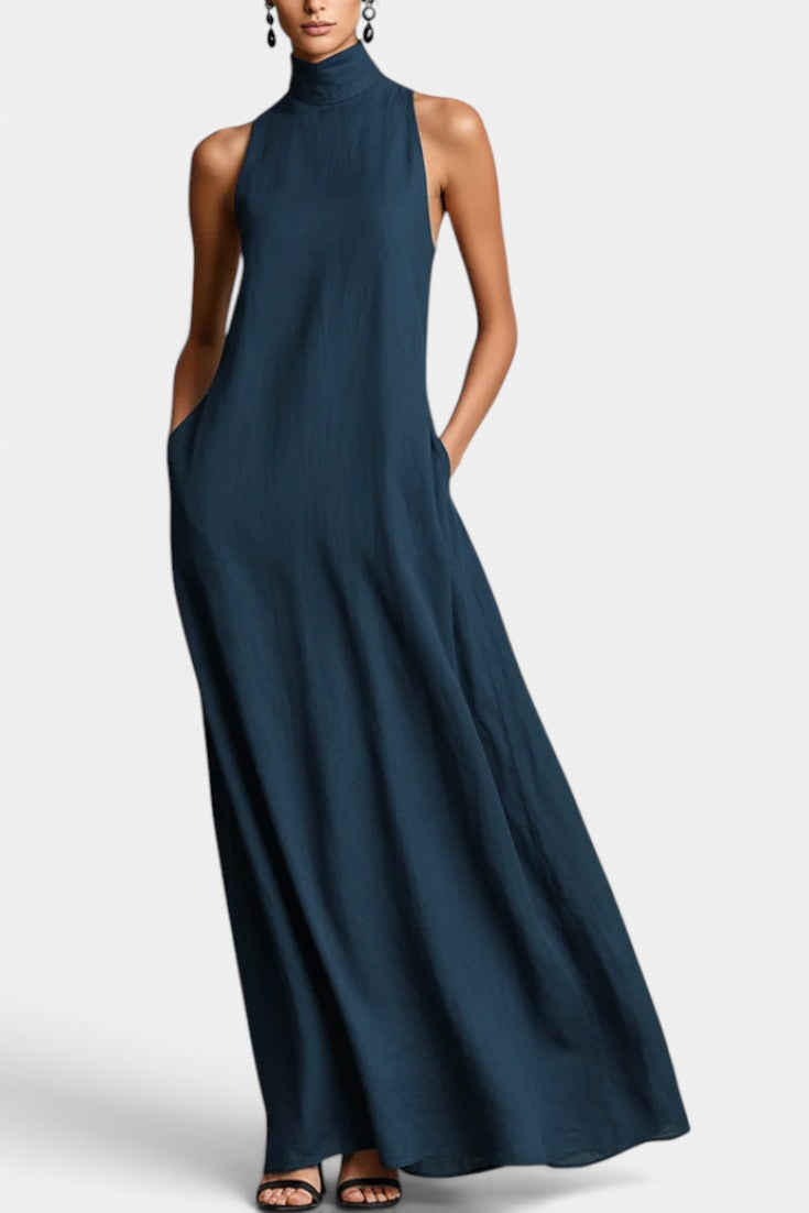 Lexane Robe Longue Lin Col Montant Sans Manches Coupe Droite Ample Poches