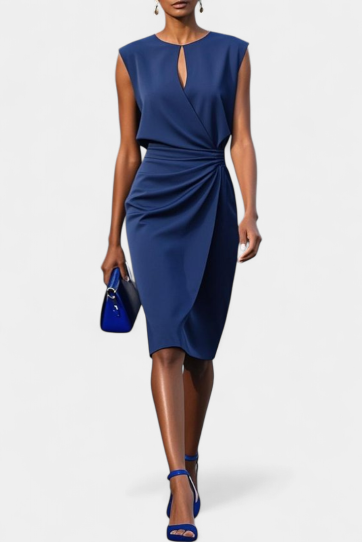 Mona Robe Midi Unie à Taille Définie et Col Rond