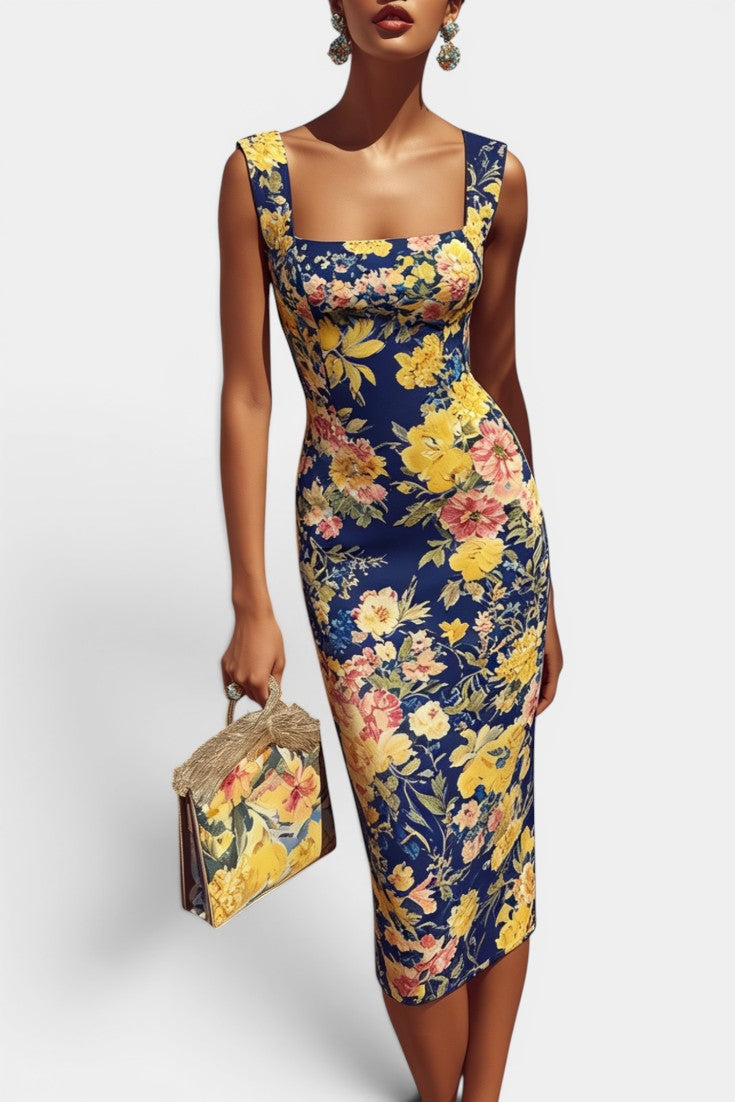 Beatriz - Robe Fourreau Midi Encolure Carrée Bretelles Larges Imprimé Floral Aquarelle