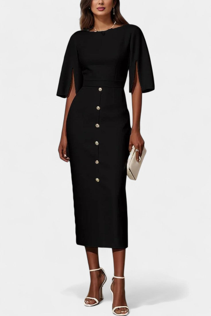 Denise Robe Longue Moulante à Manches Fendues et Col Rond