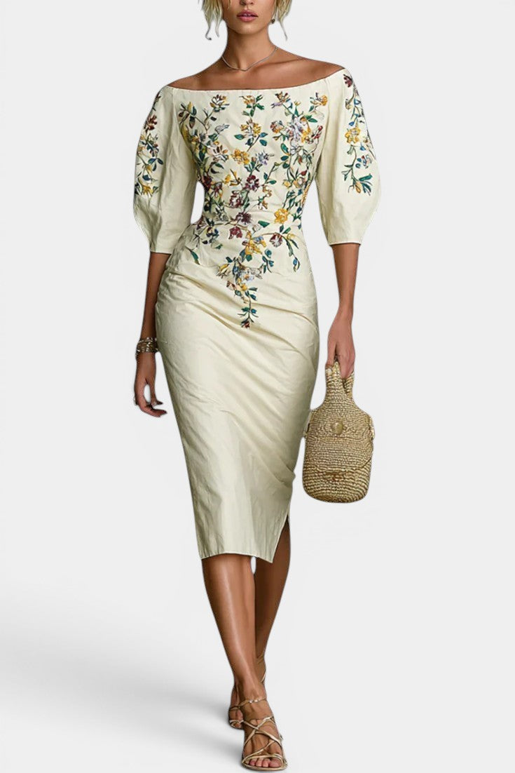 Mirandria Robe Midi Une Épaule Imprimé Floral & Jupe Fendue