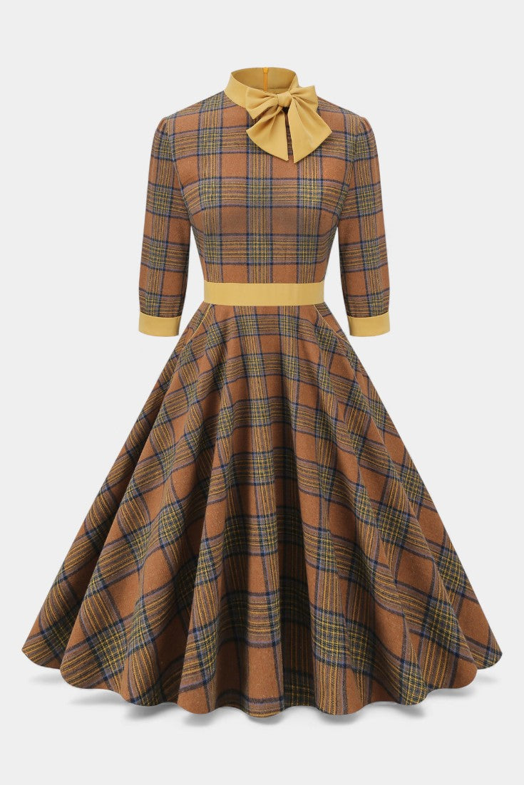 Suzette Robe A-Line à Carreaux avec Nœud Lavallière et Manches 3/4