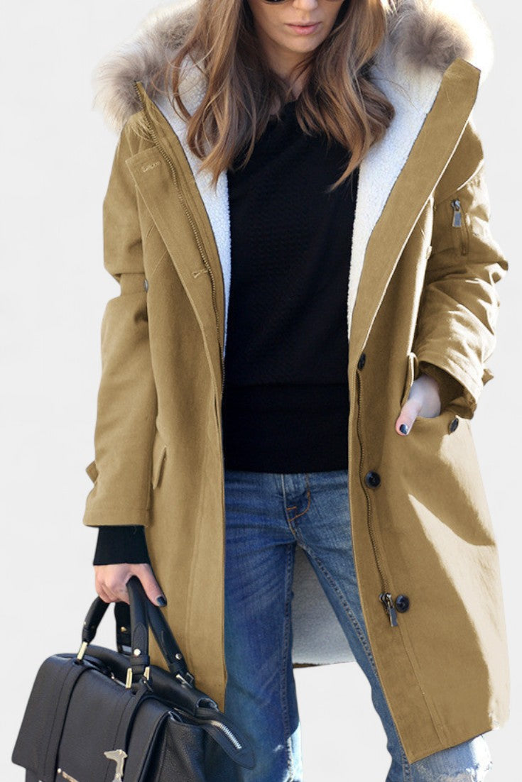 Katell Parka Mi-Longue à Capuche avec Col en Fausse Fourrure