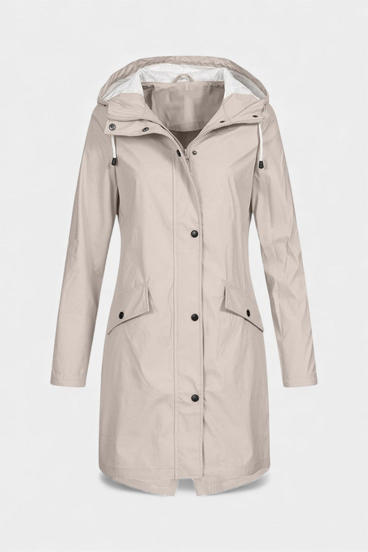 Carmélia Parka Longue Imperméable Beige à Capuche Ajustable