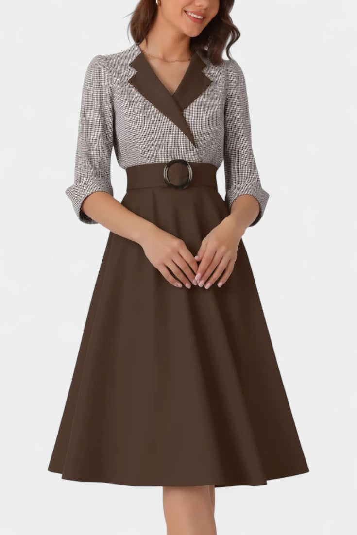 Maria Robe Midi Tailleur Bicolore à Ceinture Cercle