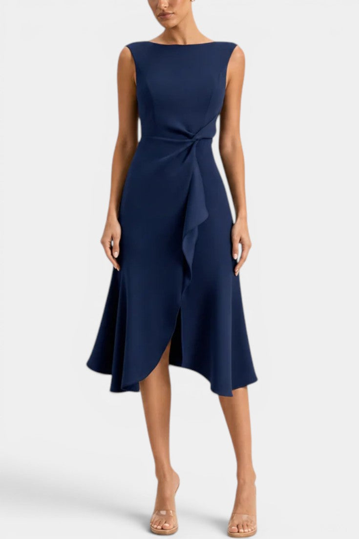 Claudia Robe Midi Sans Manches Col Bateau Nœud Latéral & Ourlet Asymétrique