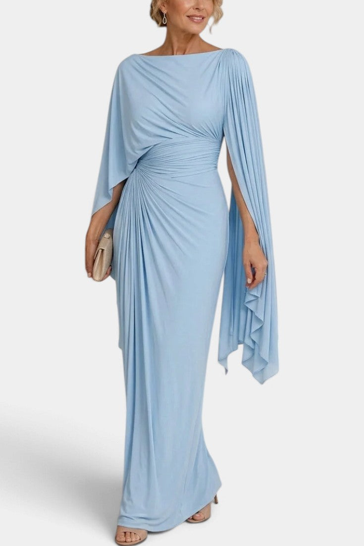Lioree - Robe Longue Drapée à Manches Cape & Taille Froncée