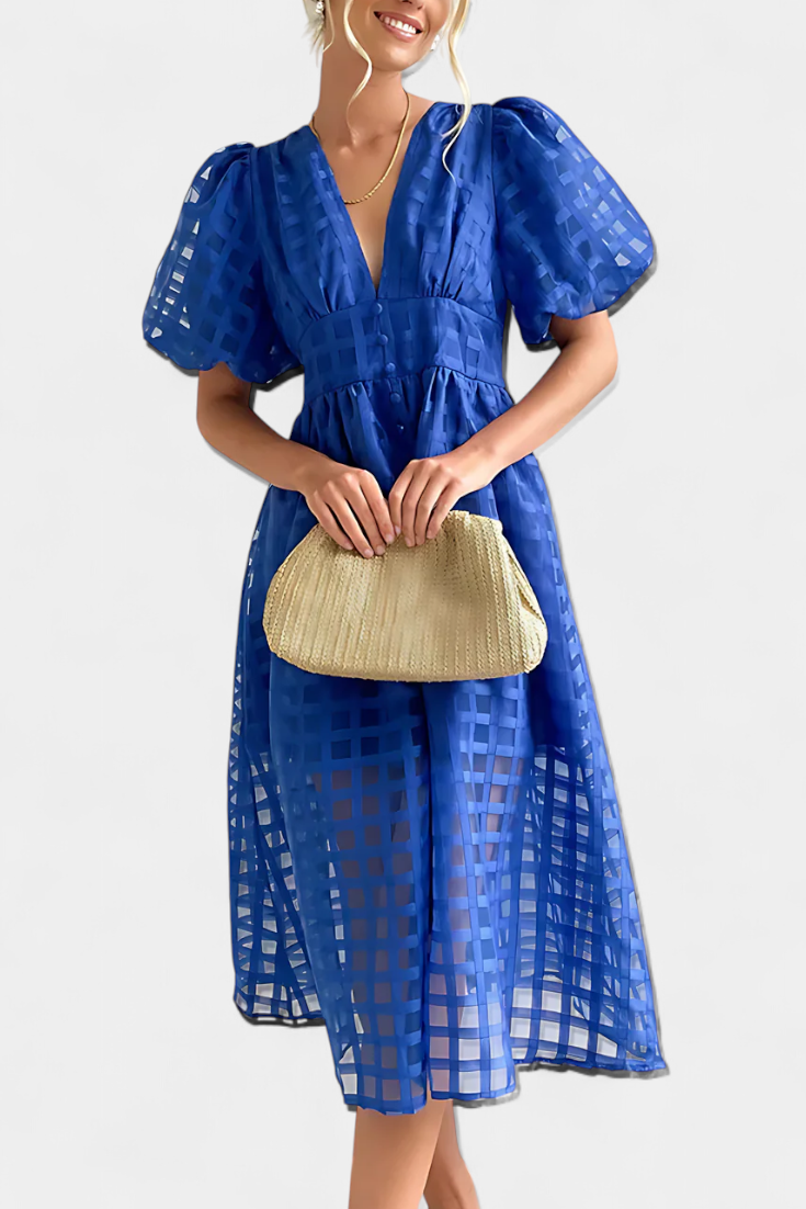 Marigold Robe Midi à Manches Bouffantes et Motif à Carreaux