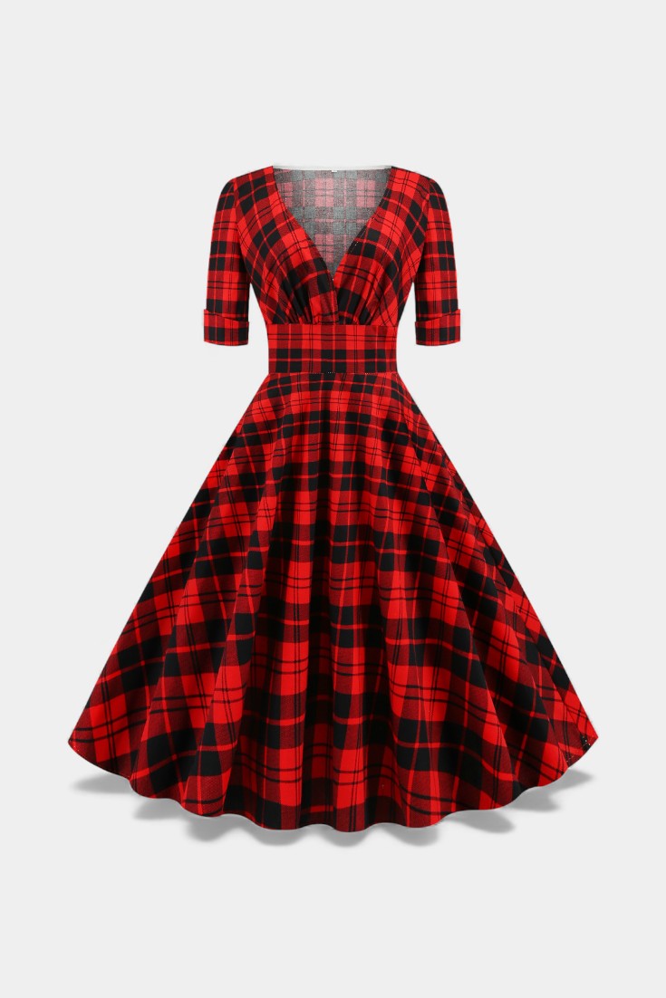 Véra Robe Midi Évasée à Imprimé Plaid et Décolleté V Festif