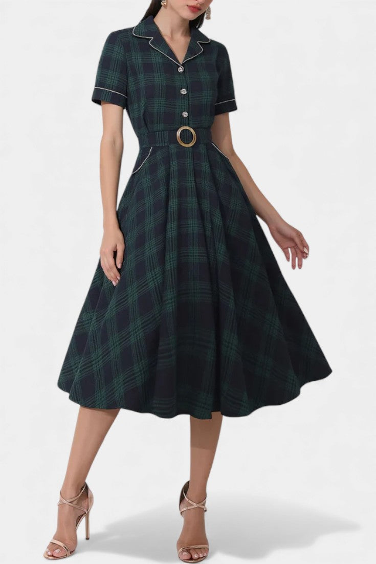 Lylas Robe Midi Vintage à Carreaux avec Revers Tailleur, Poches et Ceinture
