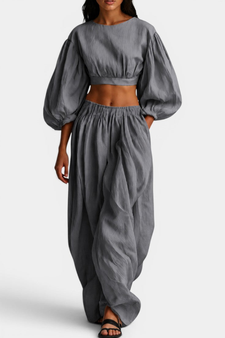 Tsuru - Ensemble Crop Top Manches Bouffantes & Pantalon Large Fronce Volume Cocoon