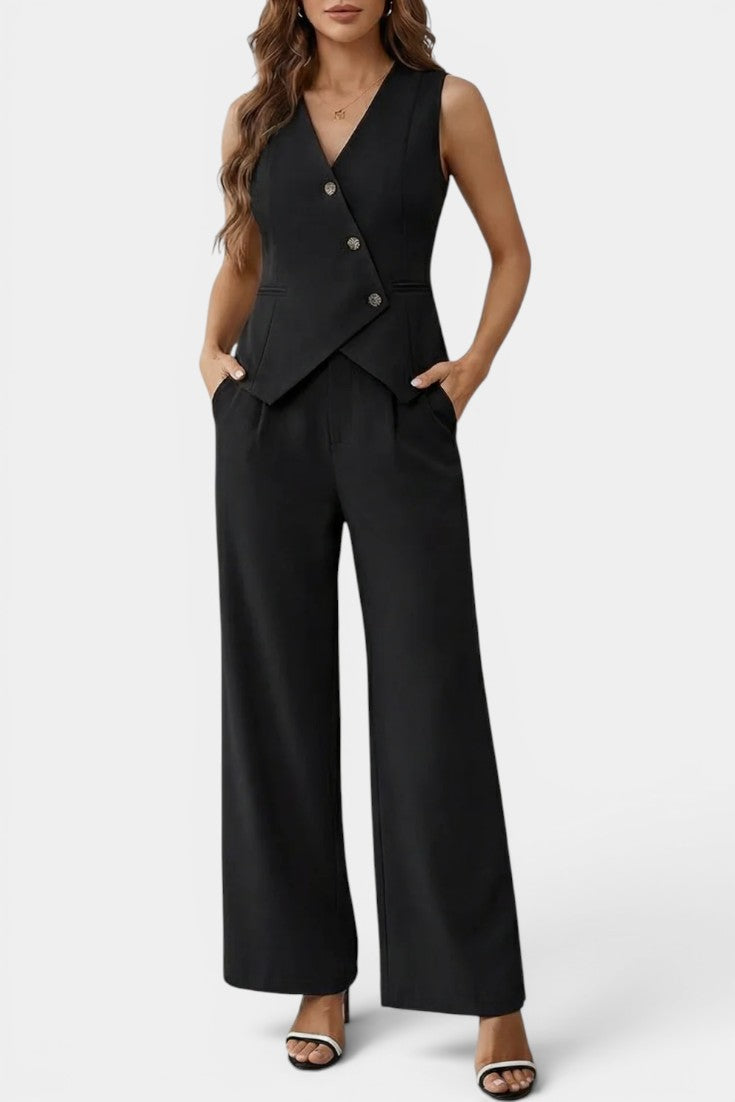 Heskia - Ensemble Gilet Péplum Asymétrique Pantalon Taille Haute