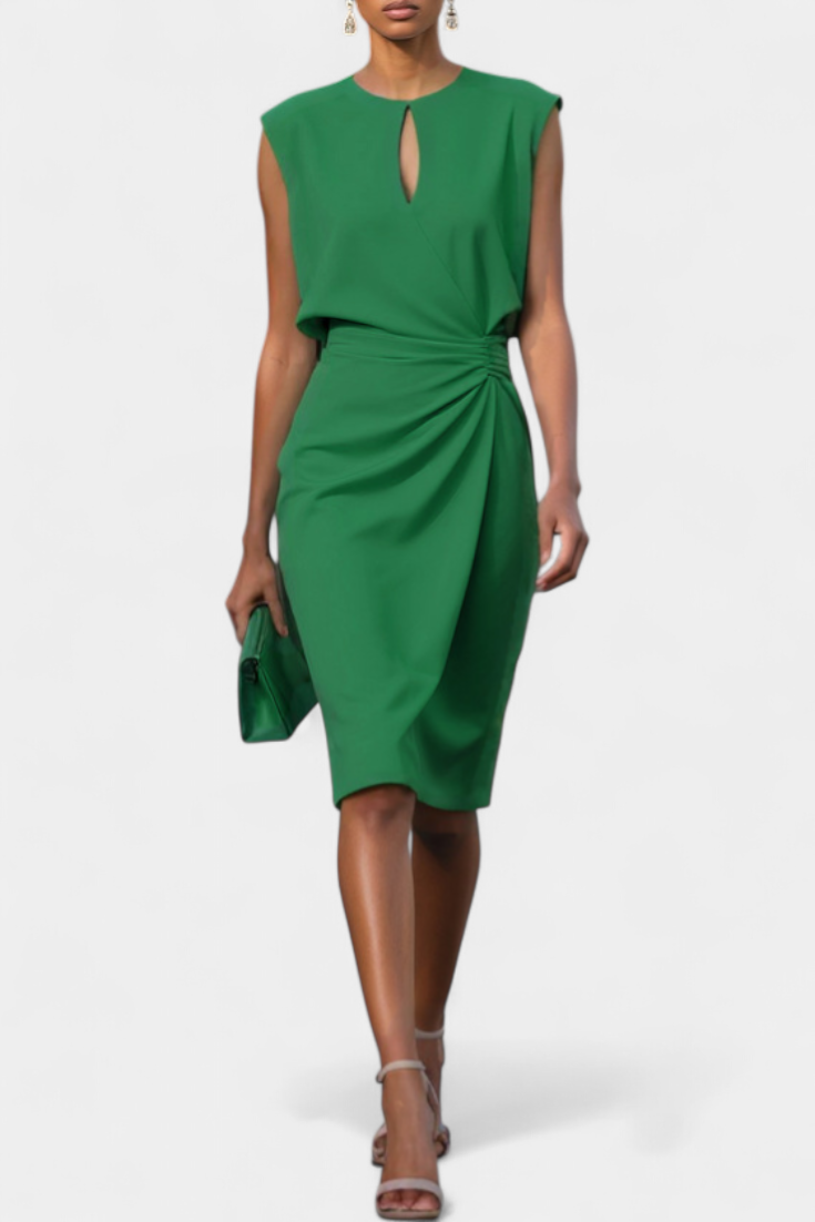 Mona Robe Midi Unie à Taille Définie et Col Rond