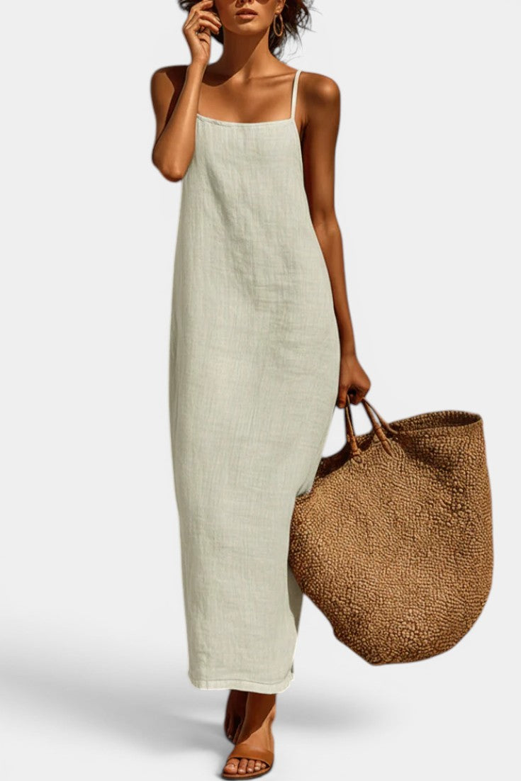 Zara Robe Maxi Lin Texturé Fines Bretelles Col Carré Dos Nu Fente Latérale
