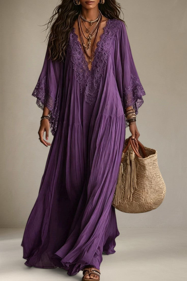 Indie - Robe Longue Col V en Dentelle Coupe Ample