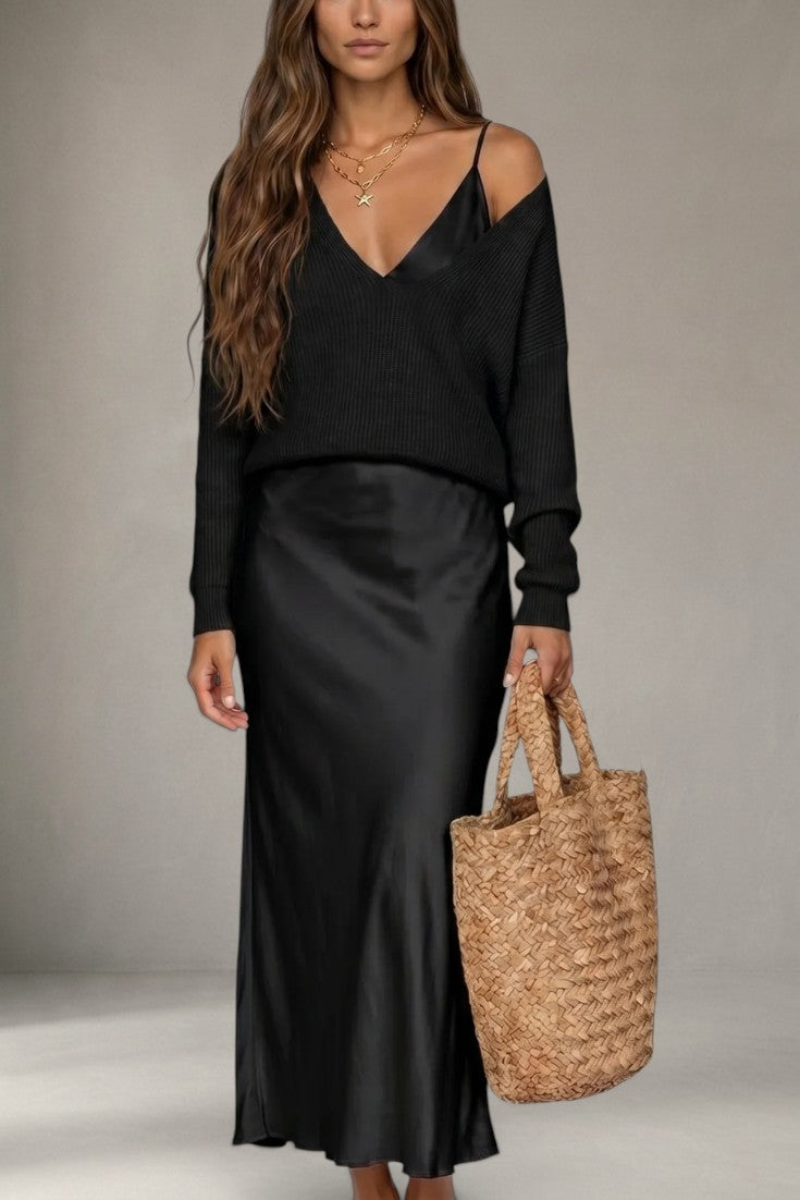 Léandra - Ensemble Pull Col V & Robe Nuisette Satinée