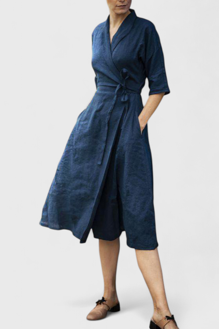 Sharon Robe Midi à Col Chemise en Coton et Lin