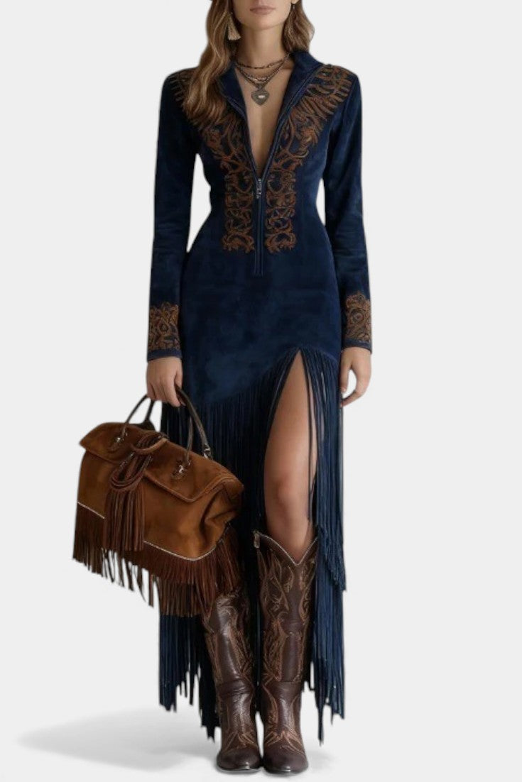 Lieselotte Robe Maxi en Suède Synthétique Brodée à Col Zippé