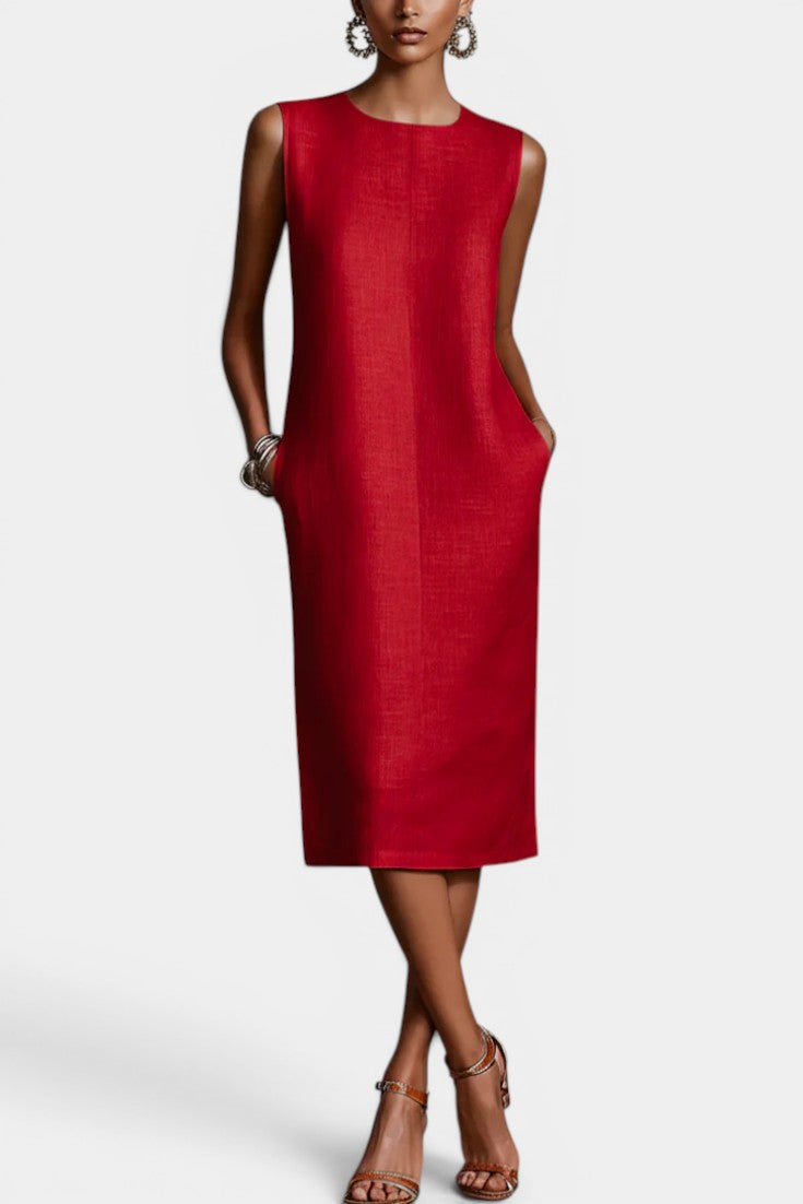 Kerensa Robe Midi Lin Structuré Col Rond Sans Manches Coupe Droite