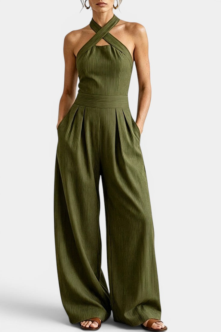Wavane Combinaison Col Halter Croisé & Pantalon Large Plissé Taille Haute
