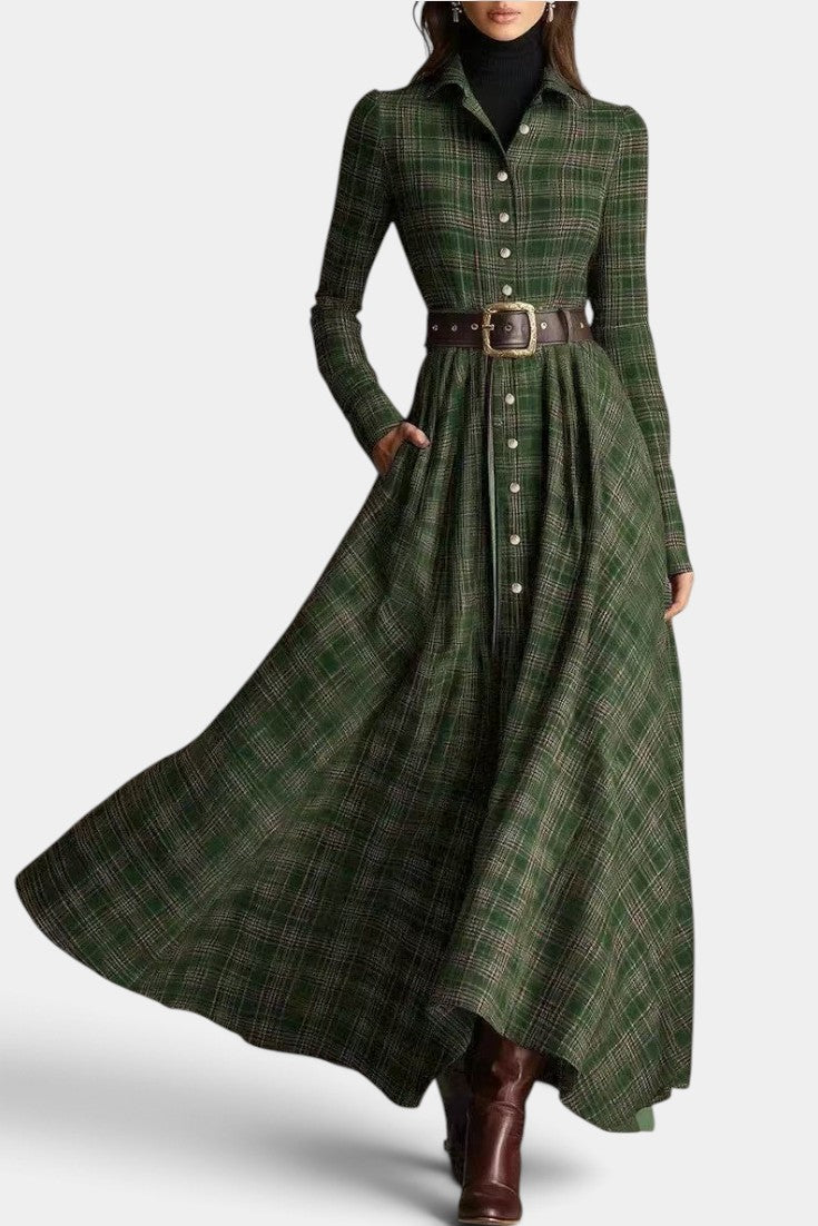 Aliette - Robe Longue à Carreaux, Boutons & Taille Ceinturée