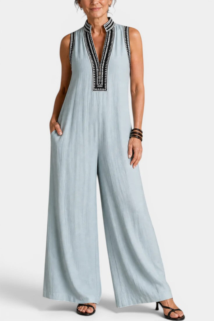 Keziah - Combinaison Lin Col V Broderie Ethnique Sans Manches & Jambe Large