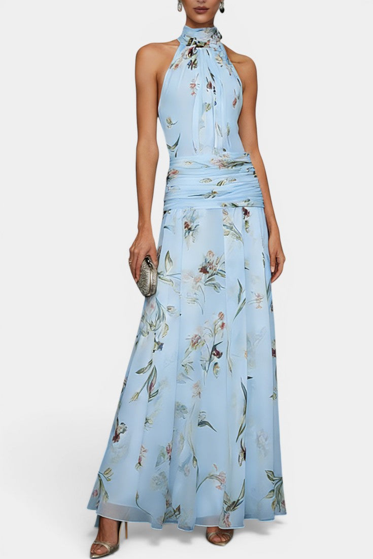 Amalthea Robe Maxi Mousseline Imprimé Floral Col Halter Nœud Taille Froncée