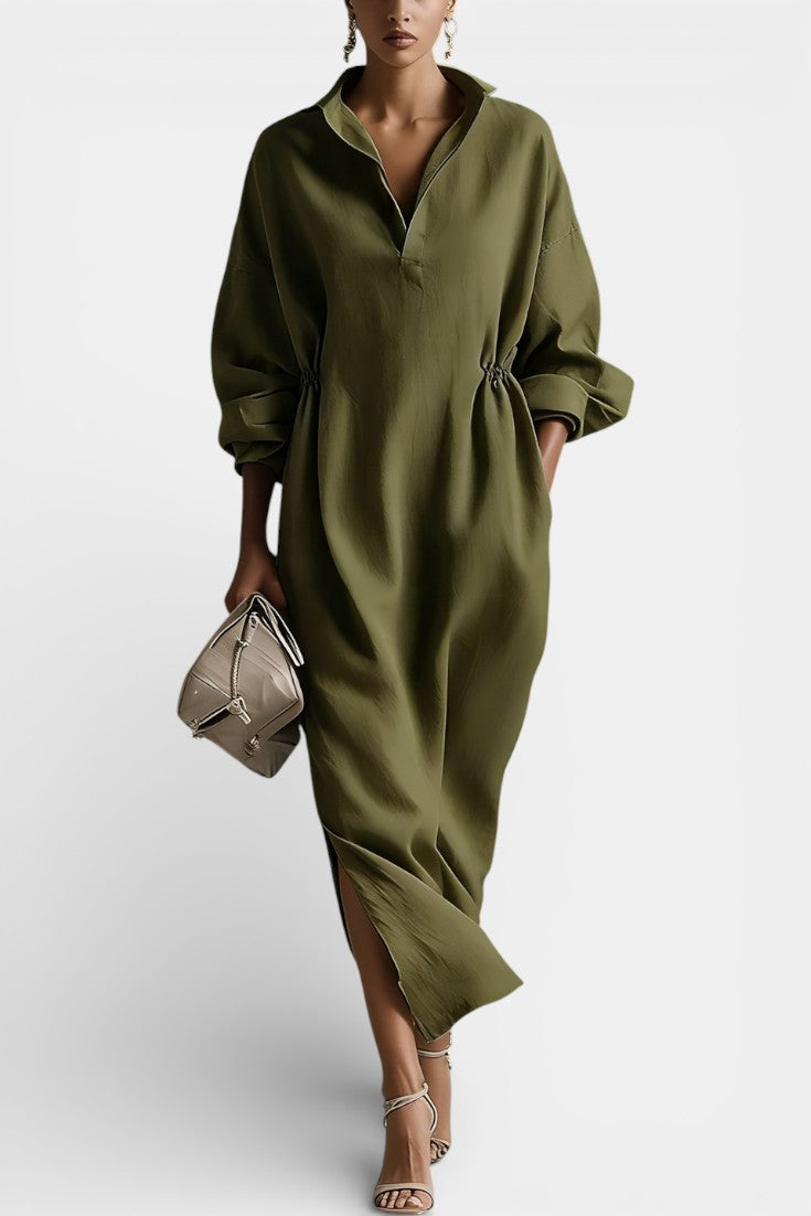 Adisa Robe Longue Fluide en Lin Écru à Col Chemise