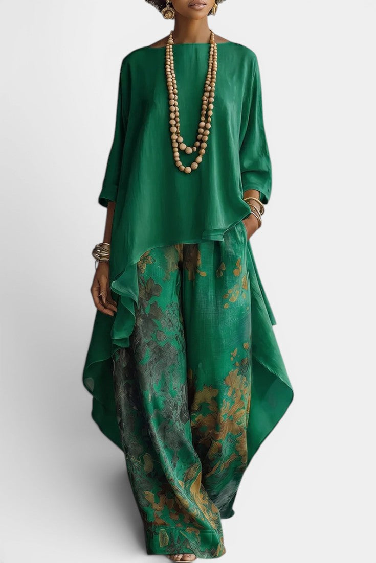 Sage Ensemble Deux Pièces Col Rond Top Asymétrique & Pantalon Large Imprimé Floral