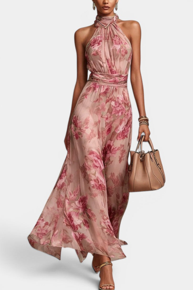 Oriane Robe Maxi Chiffon Imprimé Floral Col Halter Froncé & Dos Nu