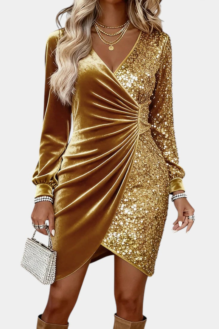 Taisila Robe en Velours à Paillettes et Décolleté Croisé