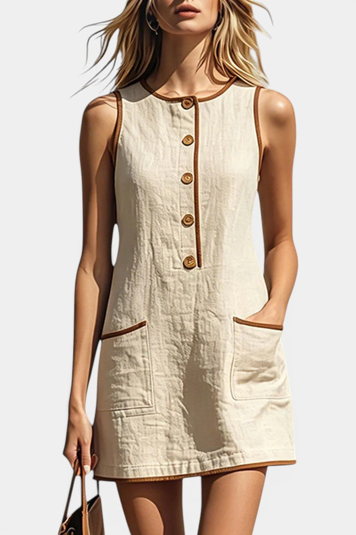 Tatum - Vestido Corto Botones Contraste Bolsillos Parche