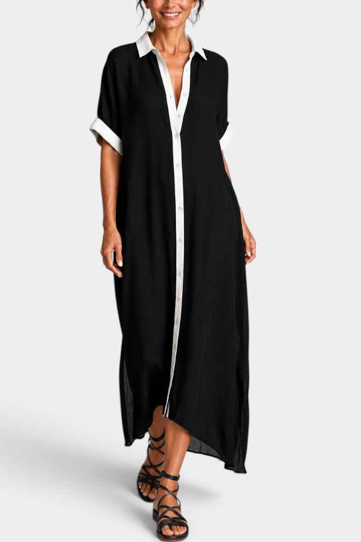 Kori - Robe Longue en Coton et Lin à Manches Courtes